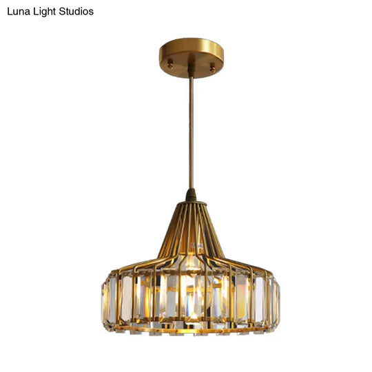 Contemporary Crystal Block Drum Pendant Light - Gold 10/14 Wide Hanging