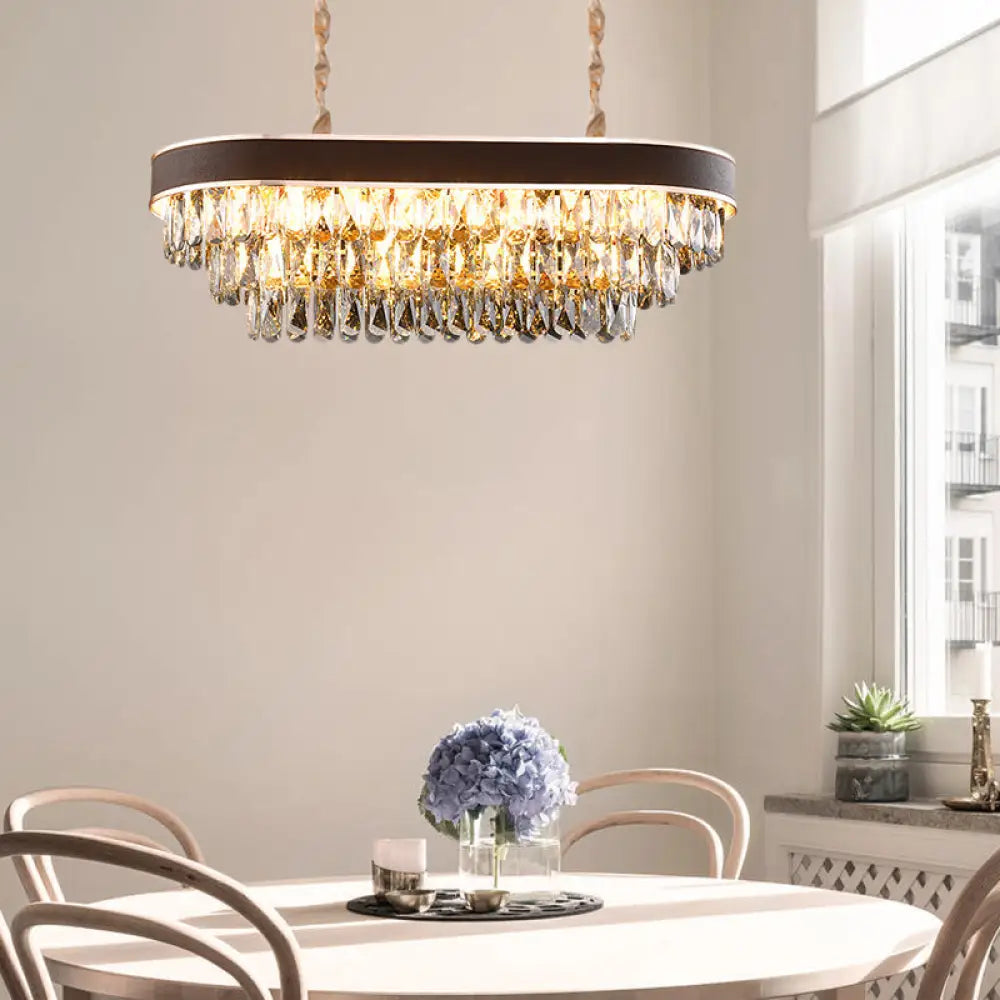 Contemporary Crystal Block Hanging Light Fixture - Oval Island Lamp With 12 Lights In Black-Gold