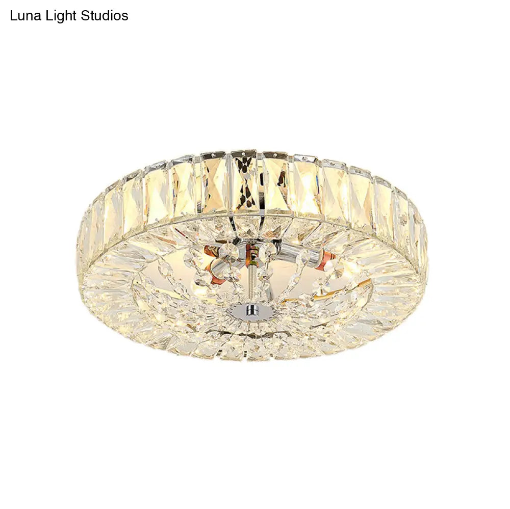 Contemporary Crystal Block Led Chrome Ceiling Fixture - Drum Flush Mount Light 16’/23.5’ Wide