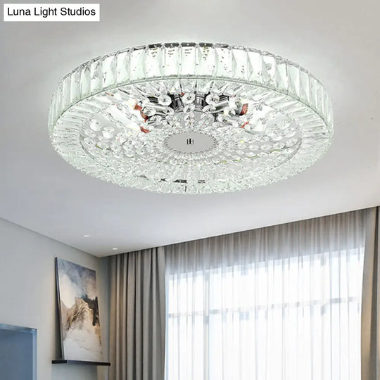 Contemporary Crystal Block Led Chrome Ceiling Fixture - Drum Flush Mount Light 16/23.5 Wide