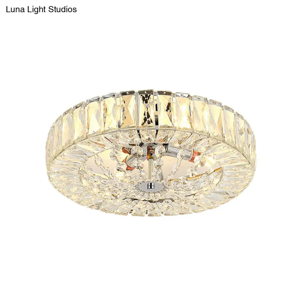 Contemporary Crystal Block Led Chrome Ceiling Fixture - Drum Flush Mount Light 16/23.5 Wide