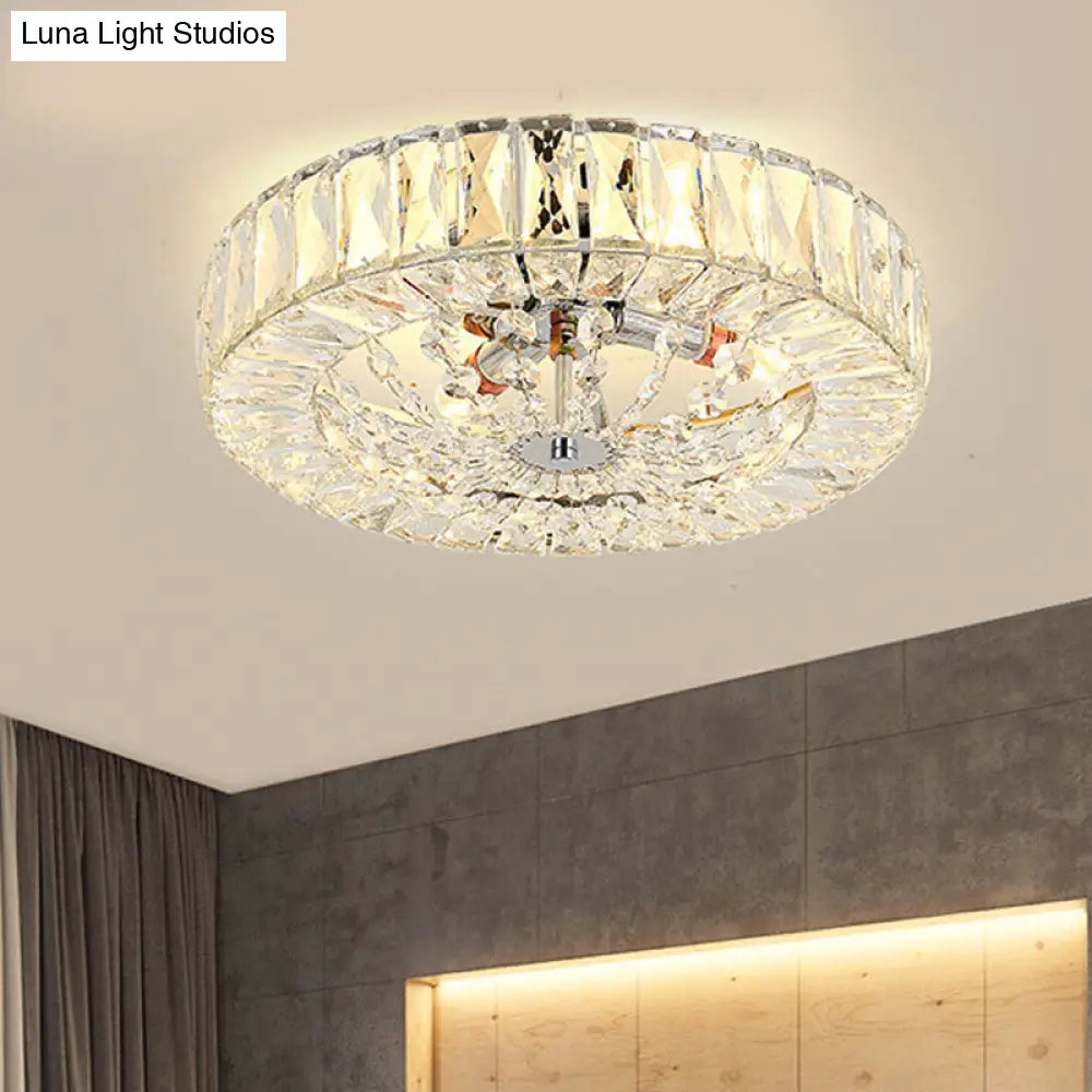 Contemporary Crystal Block Led Chrome Ceiling Fixture - Drum Flush Mount Light 16/23.5 Wide