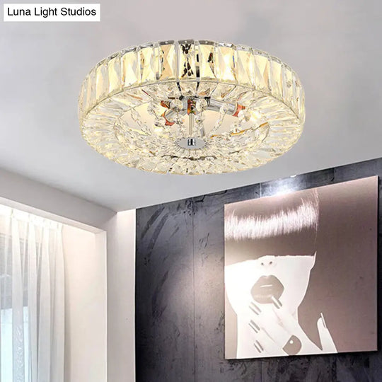 Contemporary Crystal Block Led Chrome Ceiling Fixture - Drum Flush Mount Light 16/23.5 Wide