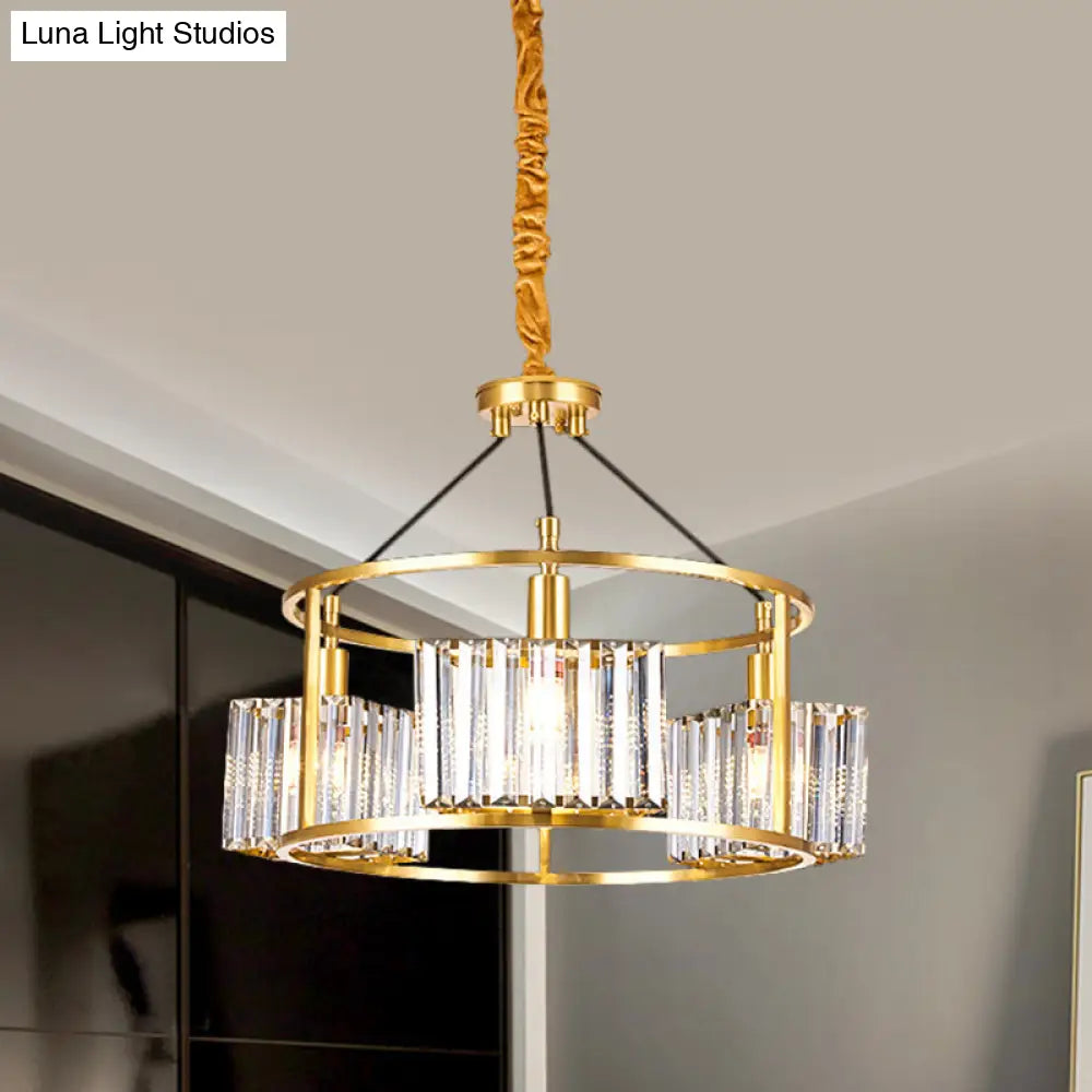 Contemporary Crystal Blocks Clear Chandelier With Metal Frame - 3 Heads Gold Hanging Drum Light Kit