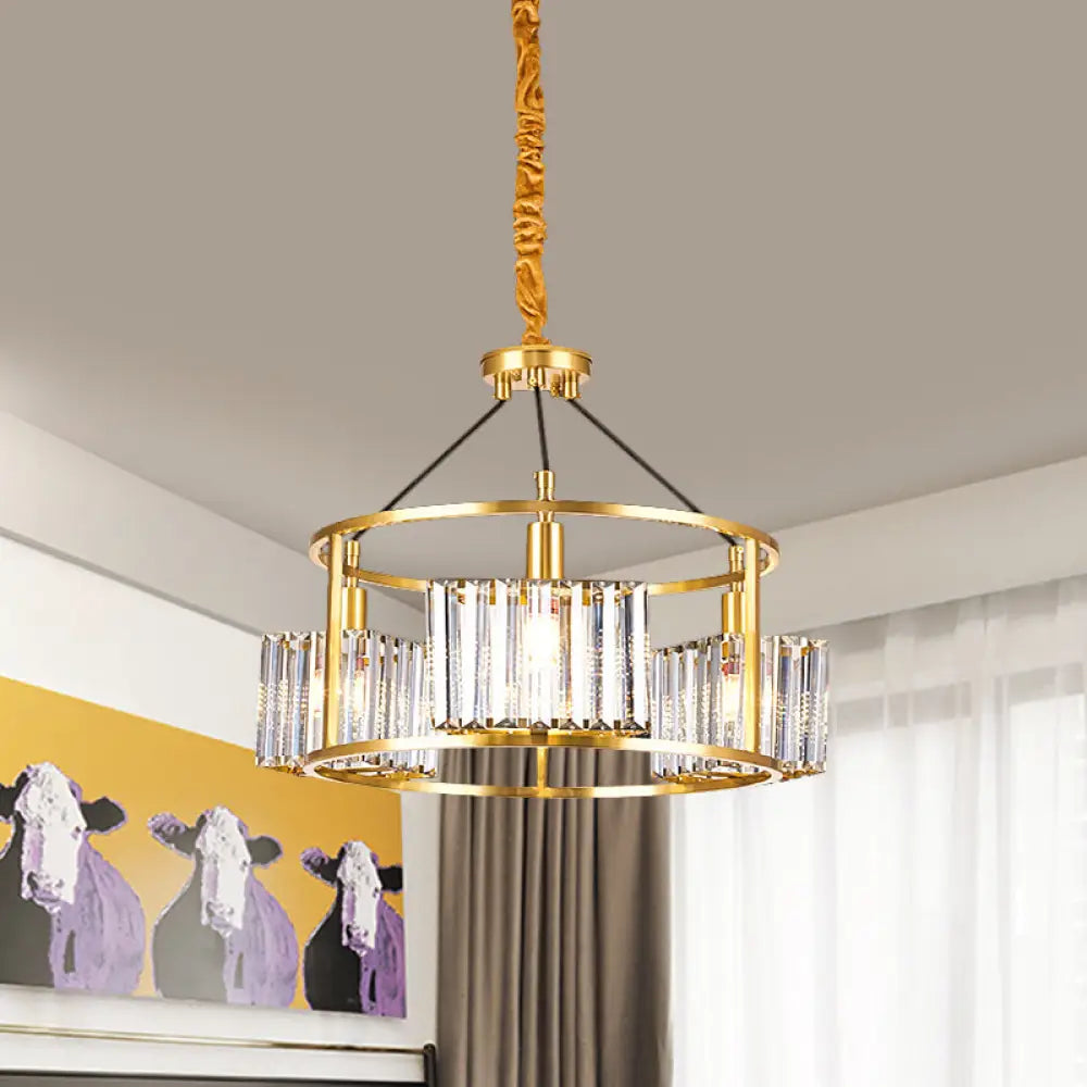 Contemporary Crystal Blocks Clear Chandelier With Metal Frame - 3 Heads Gold Hanging Drum Light Kit