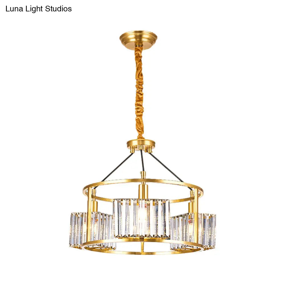 Modern Gold Crystal Block Ceiling Chandelier With 3 Heads - Clear Drum Shape Metal Frame