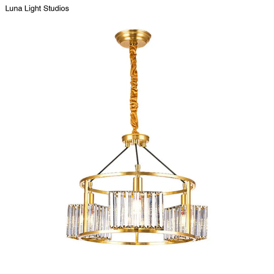 Modern Gold Crystal Block Ceiling Chandelier With 3 Heads - Clear Drum Shape Metal Frame