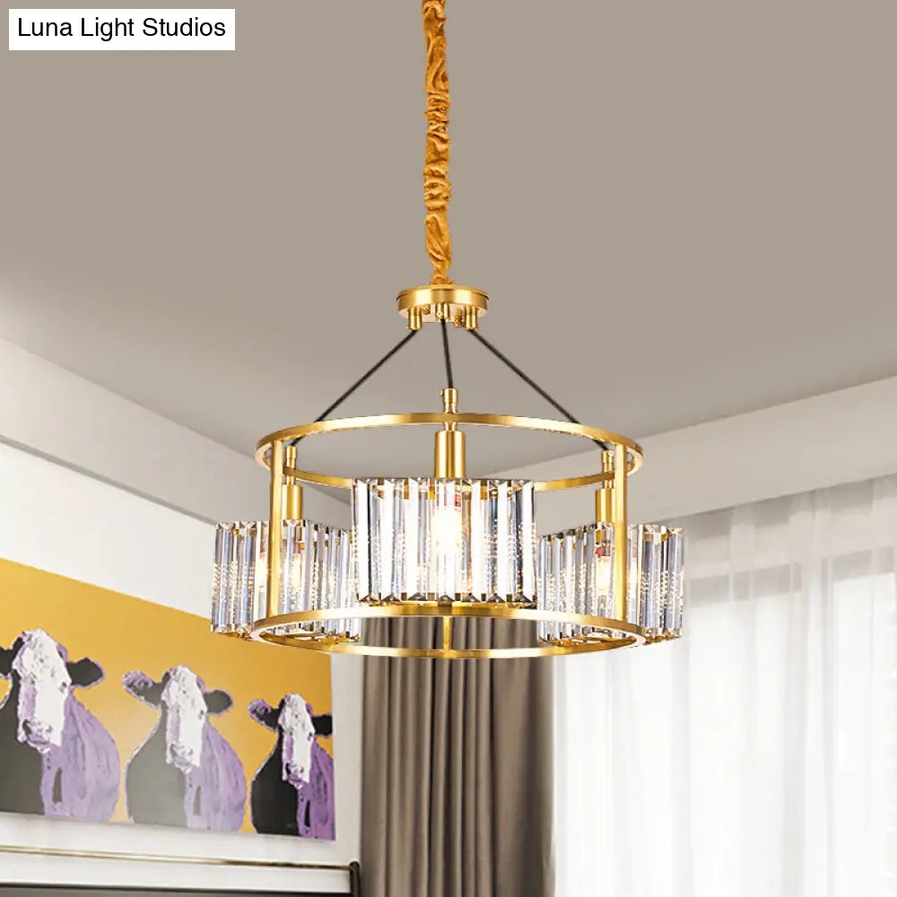 Modern Gold Crystal Block Ceiling Chandelier With 3 Heads - Clear Drum Shape Metal Frame