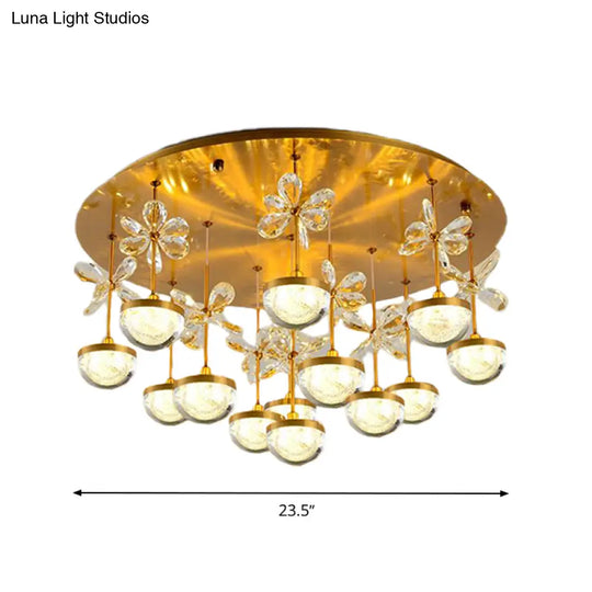 Contemporary Crystal Brass Hemisphere Ceiling Lamp 9/12 Heads 18’/23.5’ Wide