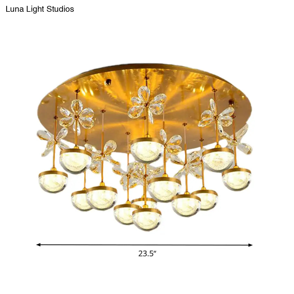 Contemporary Crystal Brass Hemisphere Ceiling Lamp 9/12 Heads 18/23.5 Wide