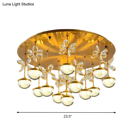 Contemporary Crystal Brass Hemisphere Ceiling Lamp 9/12 Heads 18/23.5 Wide