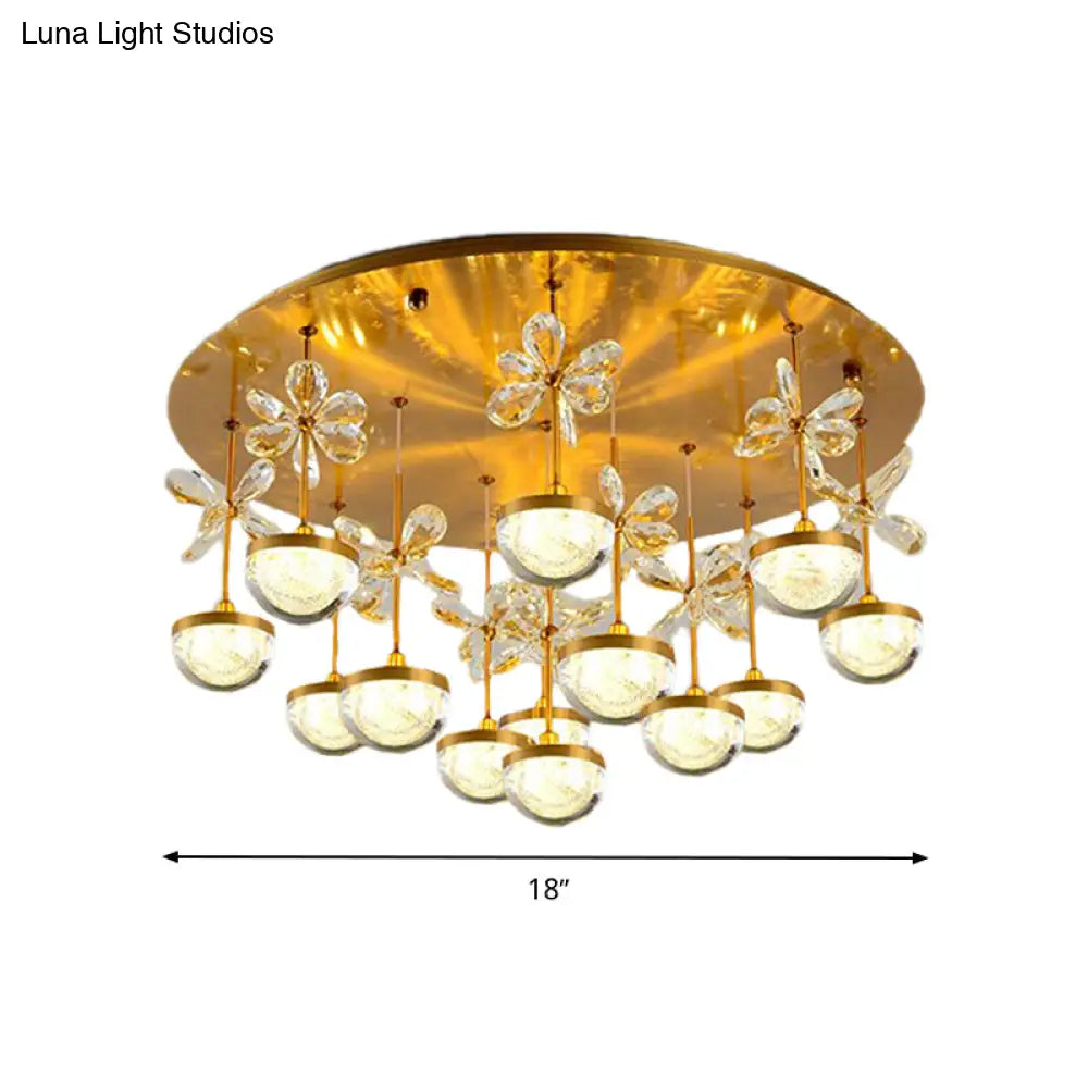 Contemporary Crystal Brass Hemisphere Ceiling Lamp 9/12 Heads 18/23.5 Wide