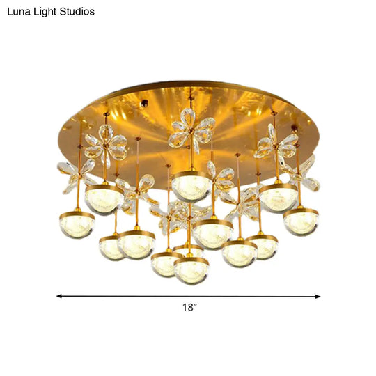 Contemporary Crystal Brass Hemisphere Ceiling Lamp 9/12 Heads 18/23.5 Wide