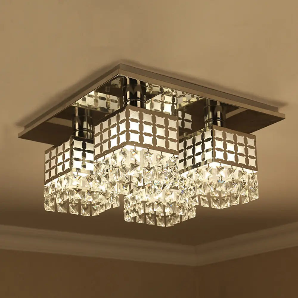 Contemporary Crystal Ceiling Fixture: Silver Square Semi - Flush Mount With 8 Clear Heads