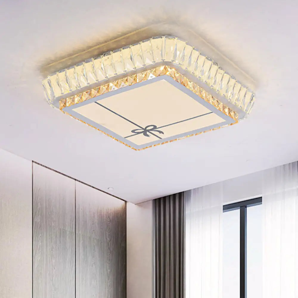 Contemporary Crystal Ceiling Flush Light With Led And White Trellis/Bowknot Design / Bowknot