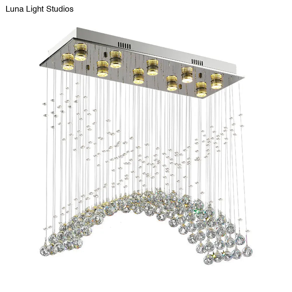 Contemporary Crystal Ceiling Light Fixture - 10 Heads Bend Flush Mount In Nickel Finish