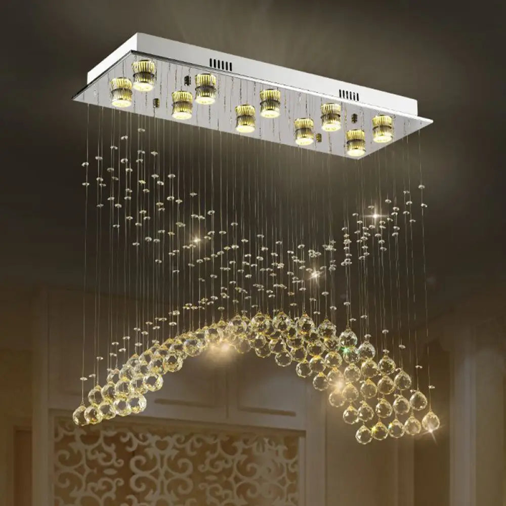 Contemporary Crystal Ceiling Light Fixture - 10 Heads Bend Flush Mount In Nickel Finish