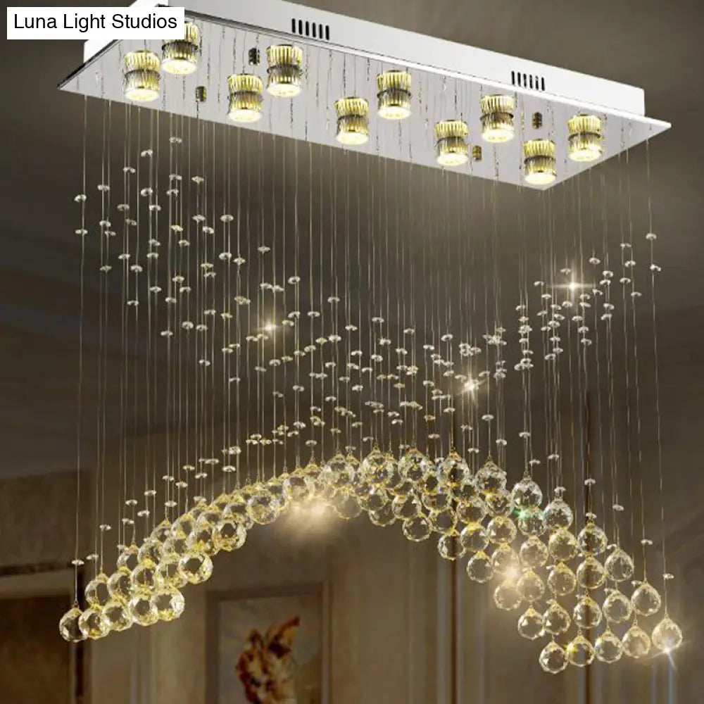 Contemporary Crystal Ceiling Light Fixture - 10 Heads Bend Flush Mount In Nickel Finish
