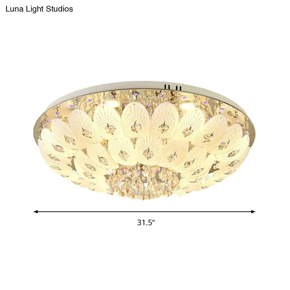 Contemporary Crystal Ceiling Light Fixture - Domed Flush Mount 7/13 Heads 23.5/31.5 Wide White