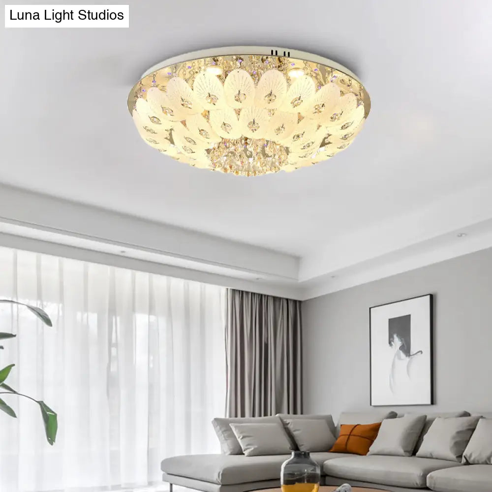 Contemporary Crystal Ceiling Light Fixture - Domed Flush Mount 7/13 Heads 23.5/31.5 Wide White