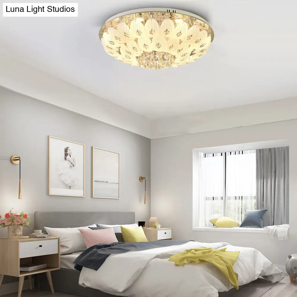 Contemporary Crystal Ceiling Light Fixture - Domed Flush Mount 7/13 Heads 23.5/31.5 Wide White