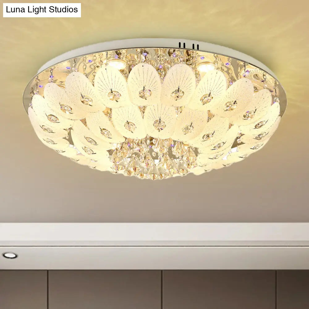 Contemporary Crystal Ceiling Light Fixture - Domed Flush Mount 7/13 Heads 23.5’/31.5’ Wide White