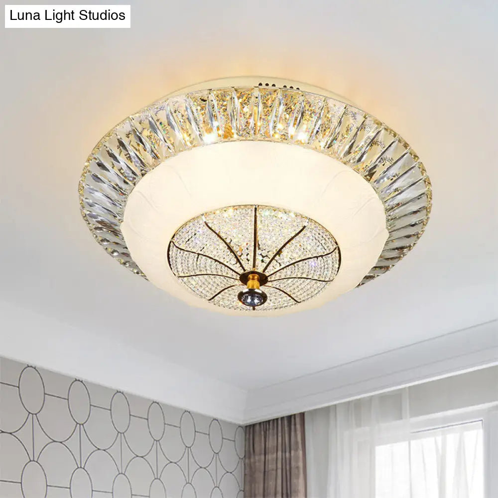 Contemporary Crystal Ceiling Light With White Bowl Shade - Led Flush Mount For Bedroom (16/19.5