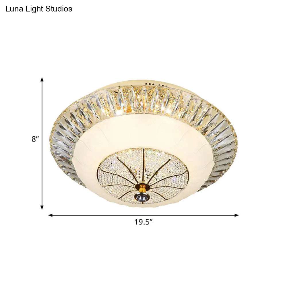Contemporary Crystal Ceiling Light With White Bowl Shade - Led Flush Mount For Bedroom