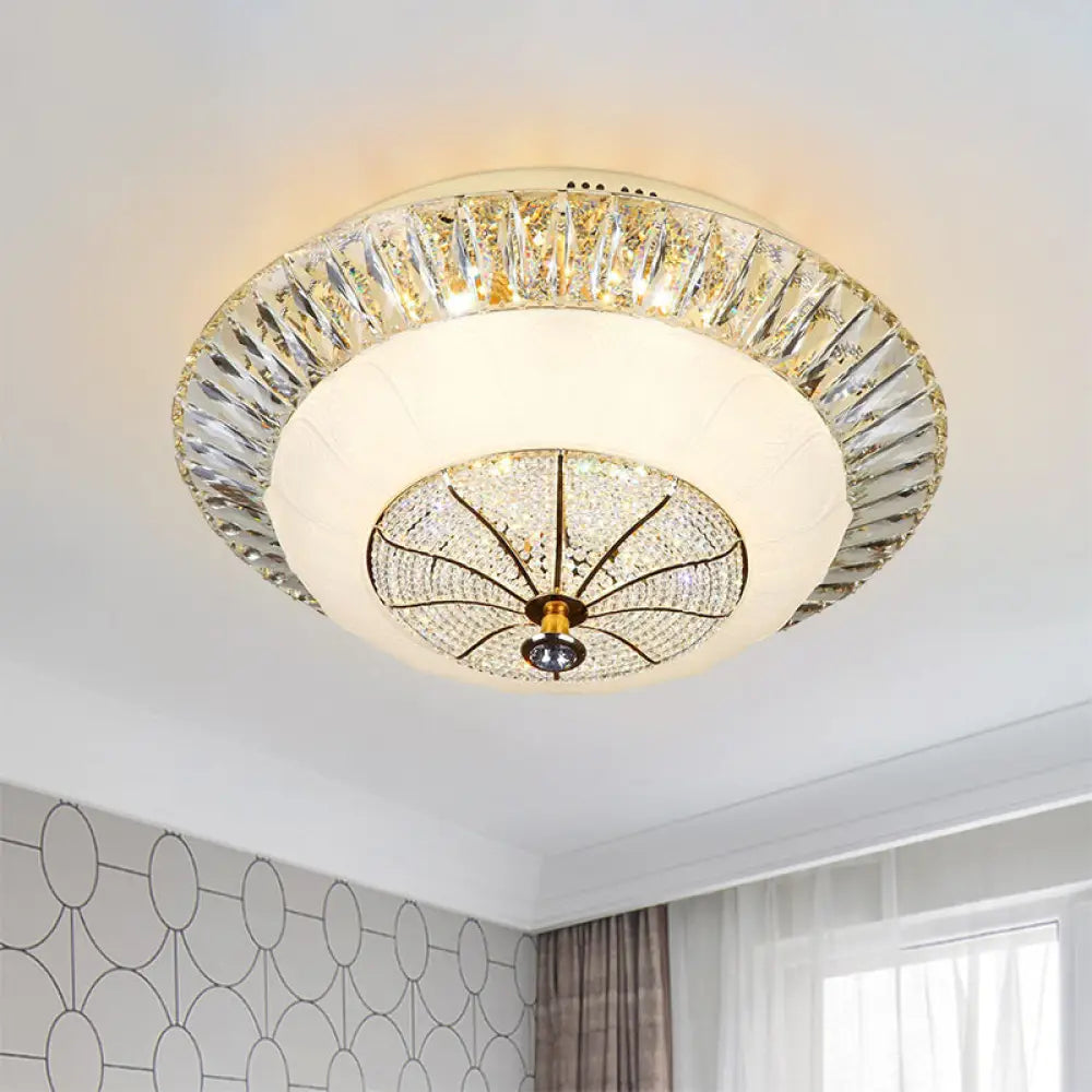 Contemporary Crystal Ceiling Light With White Bowl Shade - Led Flush Mount For Bedroom