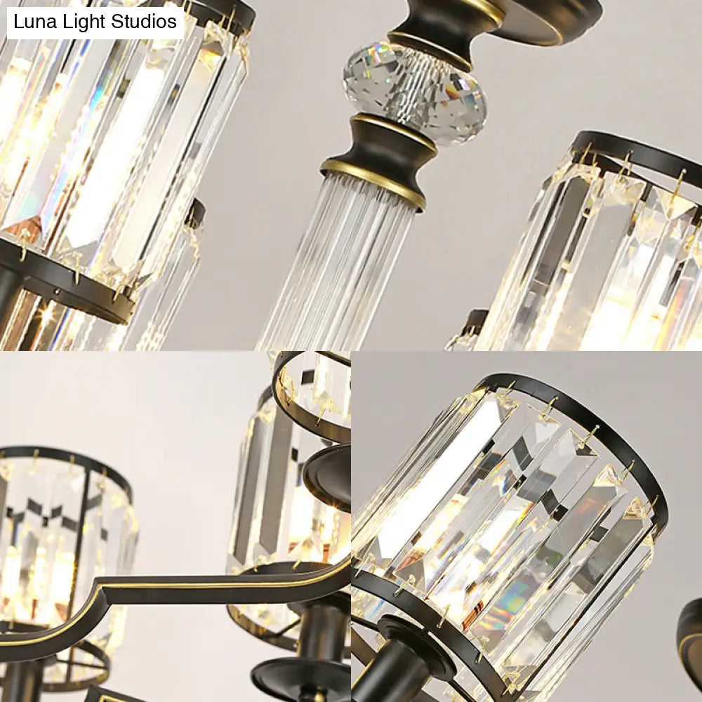 Contemporary Crystal Chandelier: Black Cylinder Pendant Light With Adjustable Chain - 3/6 Lights