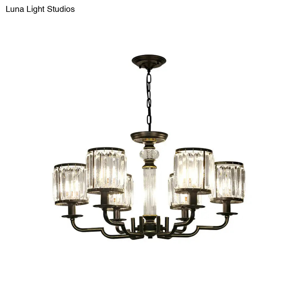 Contemporary Crystal Chandelier: Black Cylinder Pendant Light With Adjustable Chain - 3/6 Lights