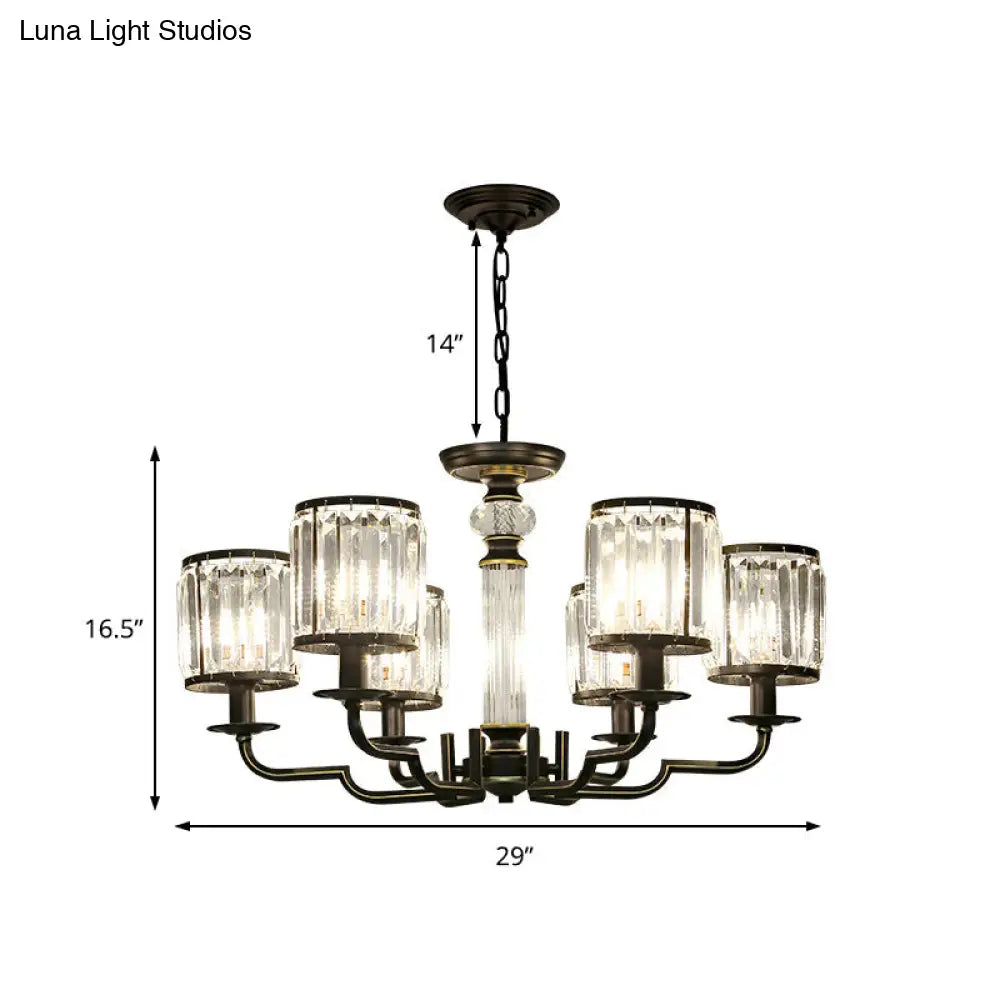 Contemporary Crystal Chandelier: Black Cylinder Pendant Light With Adjustable Chain - 3/6 Lights