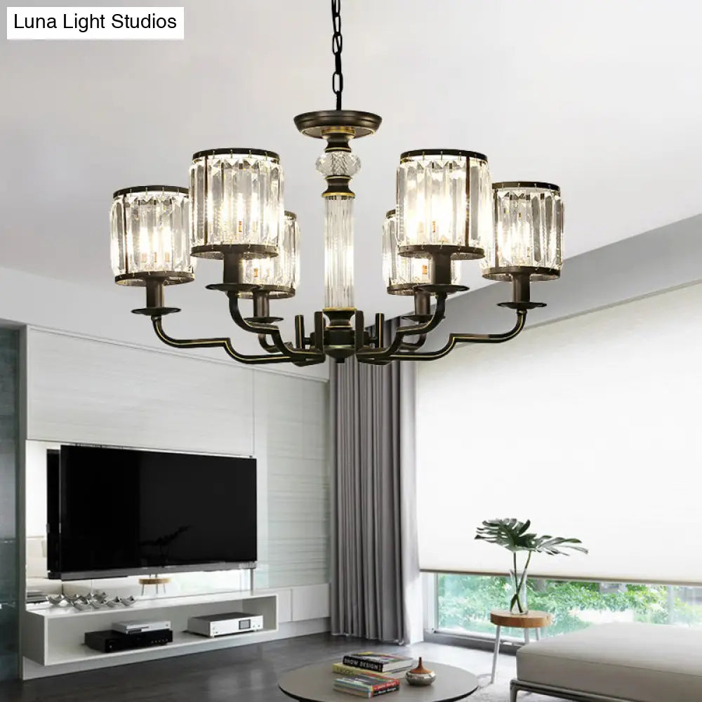 Contemporary Crystal Chandelier: Black Cylinder Pendant Light With Adjustable Chain - 3/6 Lights