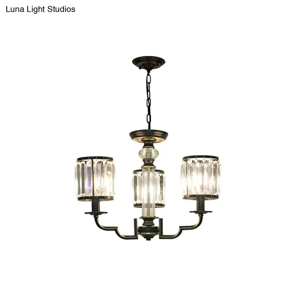 Contemporary Crystal Chandelier: Black Cylinder Pendant Light With Adjustable Chain - 3/6 Lights