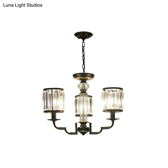 Contemporary Crystal Chandelier: Black Cylinder Pendant Light With Adjustable Chain - 3/6 Lights