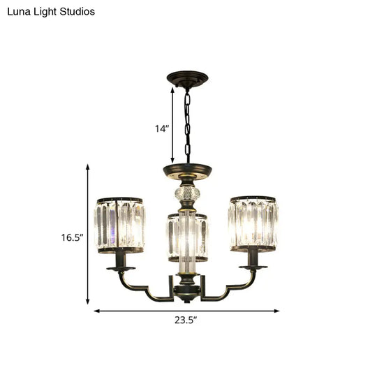 Contemporary Crystal Chandelier: Black Cylinder Pendant Light With Adjustable Chain - 3/6 Lights