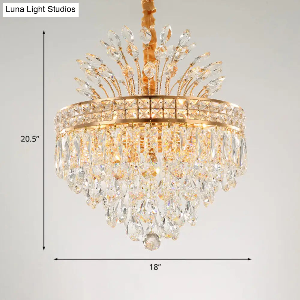 Contemporary Gold Crystal Chandelier Pendant - 9 Bulb Clear Conical Light Fixture For Bedroom