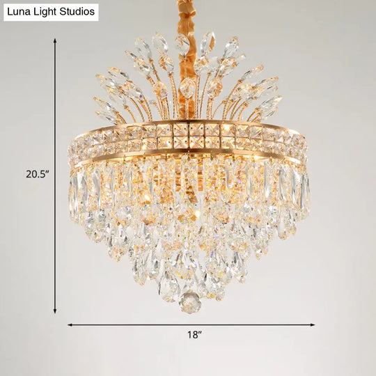 Contemporary Gold Crystal Chandelier Pendant - 9 Bulb Clear Conical Light Fixture For Bedroom