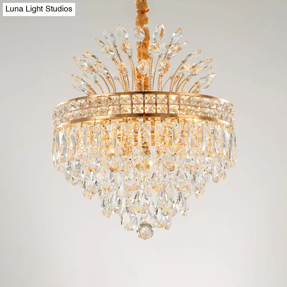 Contemporary Gold Crystal Chandelier Pendant - 9 Bulb Clear Conical Light Fixture For Bedroom