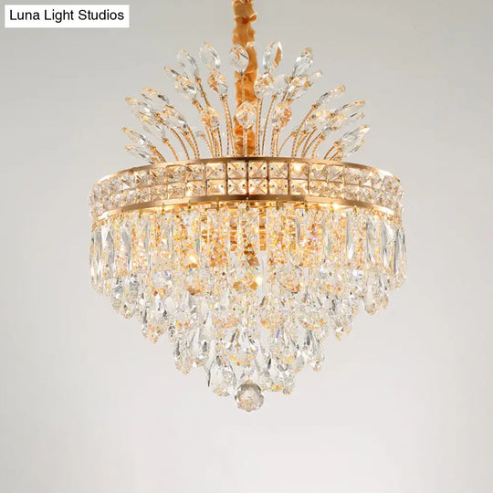 Contemporary Gold Crystal Chandelier Pendant - 9 Bulb Clear Conical Light Fixture For Bedroom