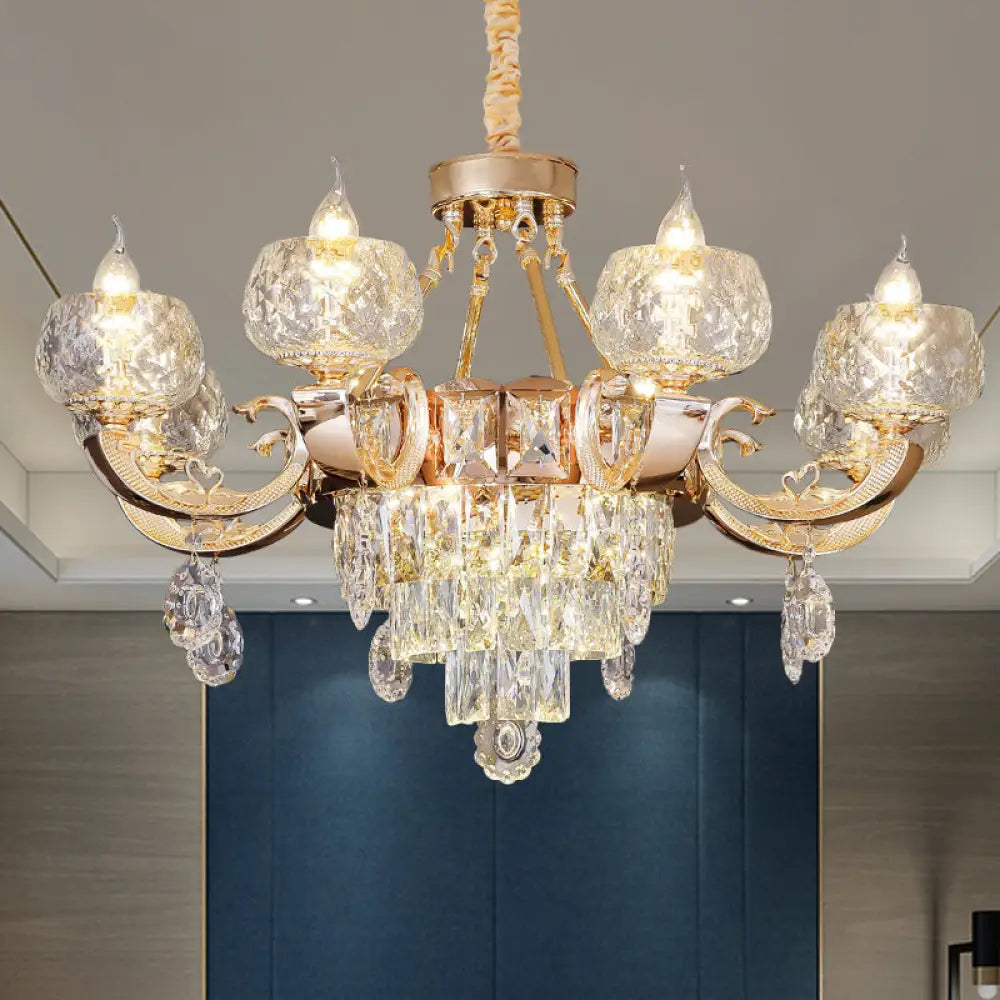 Contemporary Crystal Chandelier Lamp - 6/8 Bulbs Gold Drop Pendant With Clear Bowl Shade And Candle