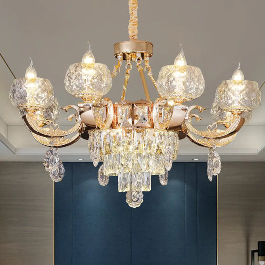 Contemporary Crystal Chandelier Lamp - 6/8 Bulbs Gold Drop Pendant With Clear Bowl Shade And Candle