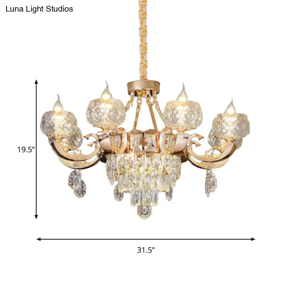 Contemporary Crystal Chandelier Lamp - 6/8 Bulbs Gold Drop Pendant With Clear Bowl Shade And Candle