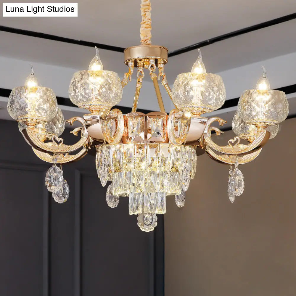 Contemporary Crystal Chandelier Lamp - 6/8 Bulbs Gold Drop Pendant With Clear Bowl Shade And Candle