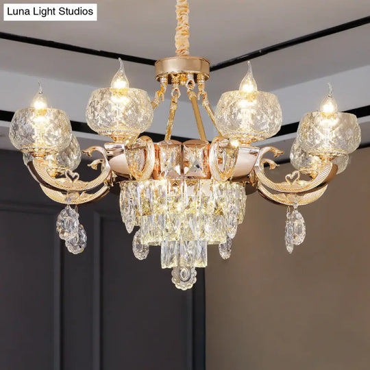 Contemporary Crystal Chandelier Lamp - 6/8 Bulbs Gold Drop Pendant With Clear Bowl Shade And Candle