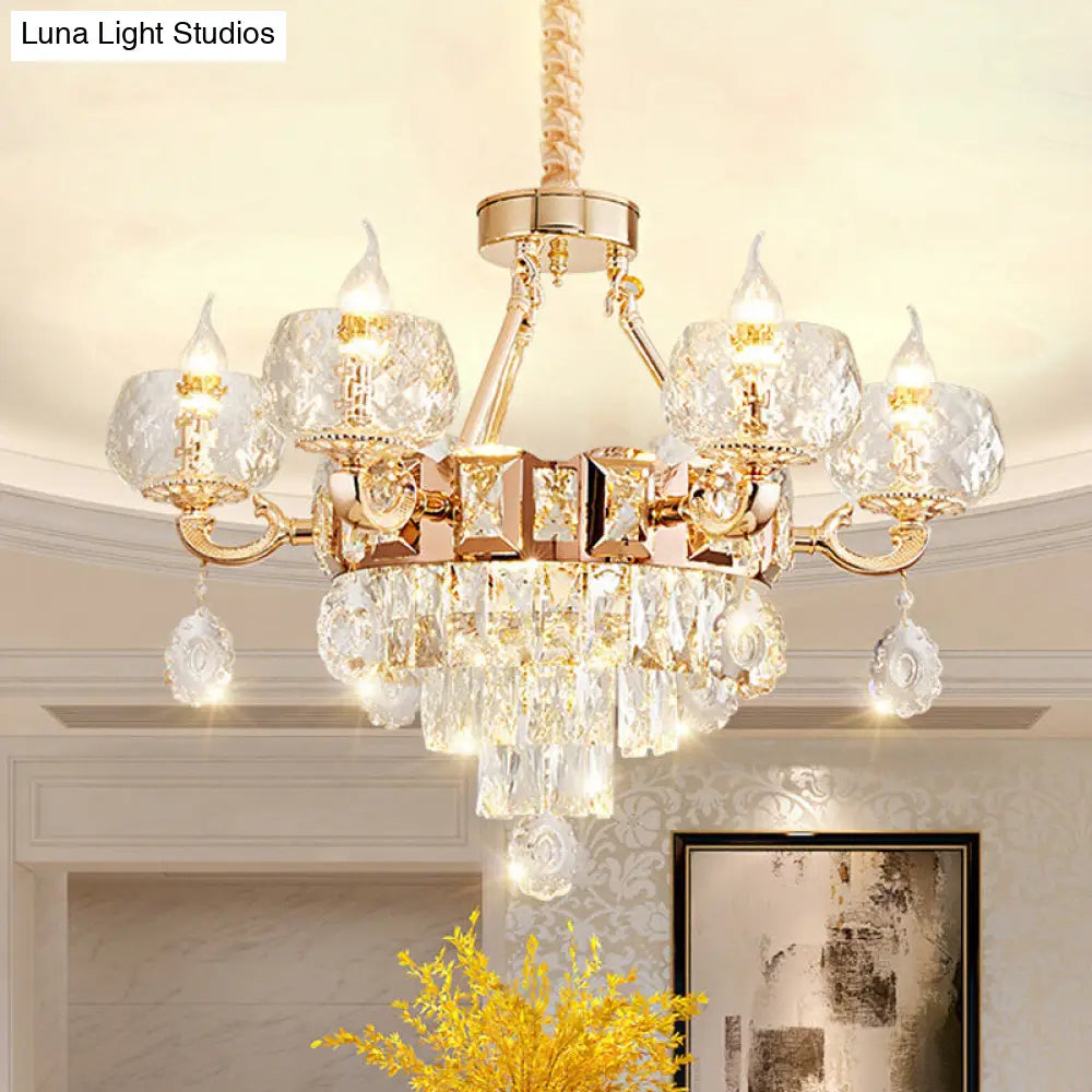 6/8 Bulbs Clear Crystal Gold Chandelier Pendant Lamp With Candle Design