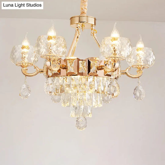 6/8 Bulbs Clear Crystal Gold Chandelier Pendant Lamp With Candle Design