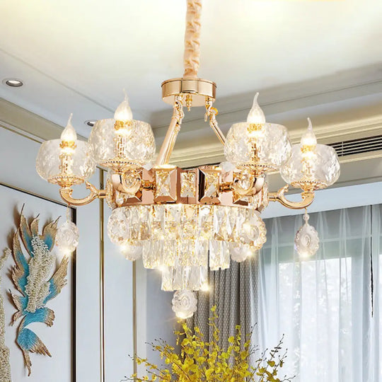 Contemporary Crystal Chandelier Lamp - 6/8 Bulbs Gold Drop Pendant With Clear Bowl Shade And Candle