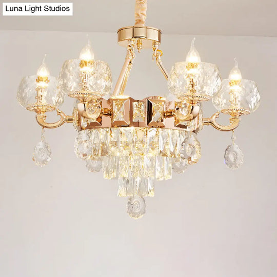 Contemporary Crystal Chandelier Lamp - 6/8 Bulbs Gold Drop Pendant With Clear Bowl Shade And Candle