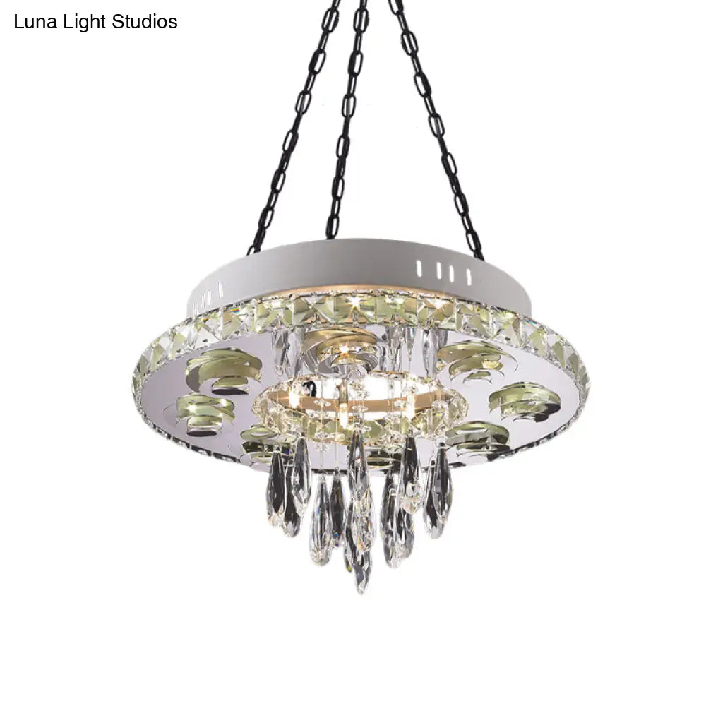 Contemporary Crystal Chandelier - White Circular Design With 6 Lights And Droplets